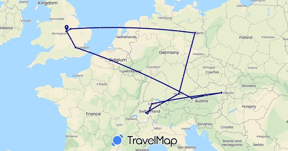 TravelMap itinerary: driving in Austria, Switzerland, Germany, United Kingdom (Europe)